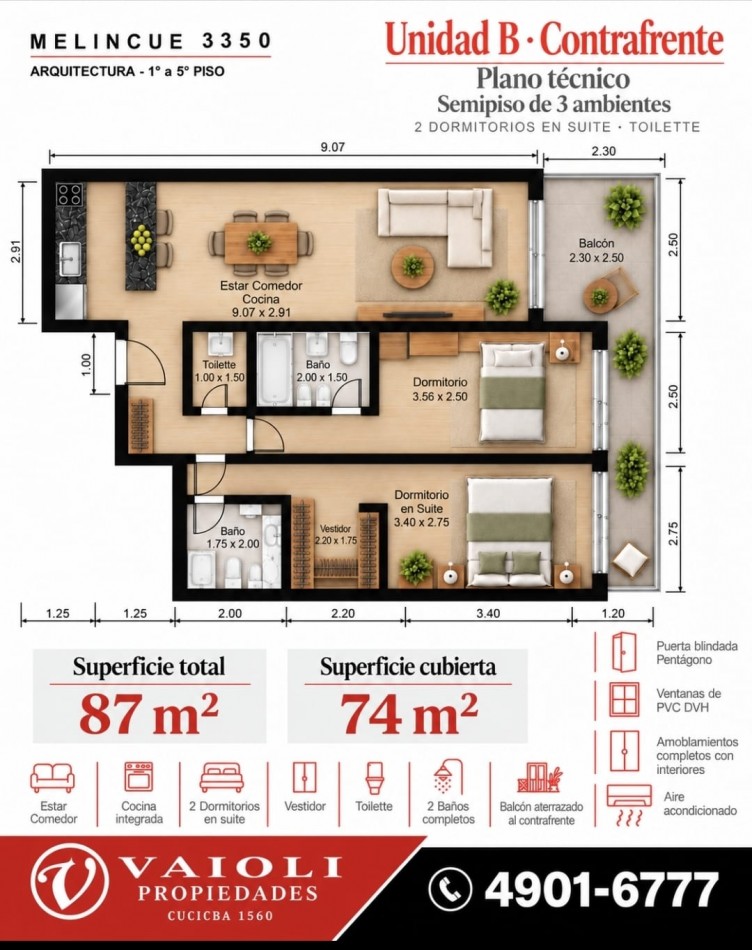SEMIPISO DE 3 AMBIENTES CON 2 DORMITORIOS EN SUITE - BALCON AL CONTRA FRENTE - VILLA DEL PARQUE