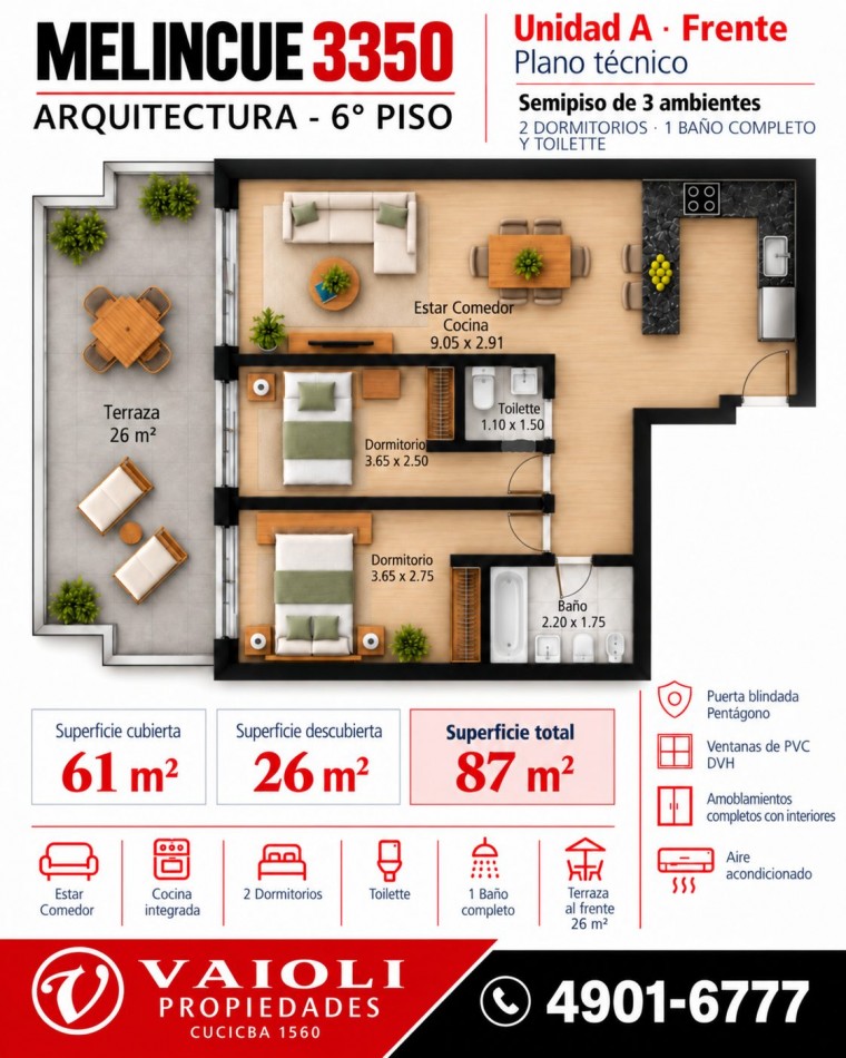 Venta 3 Ambientes a estrenar de Categoria | 6° Piso al Frente | Terraza Privada de 26 m² | Villa del Parque